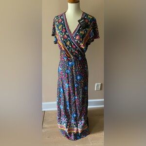 Temofon Bohemian Style Wrap Floral Maxi Dress Summer Size Large